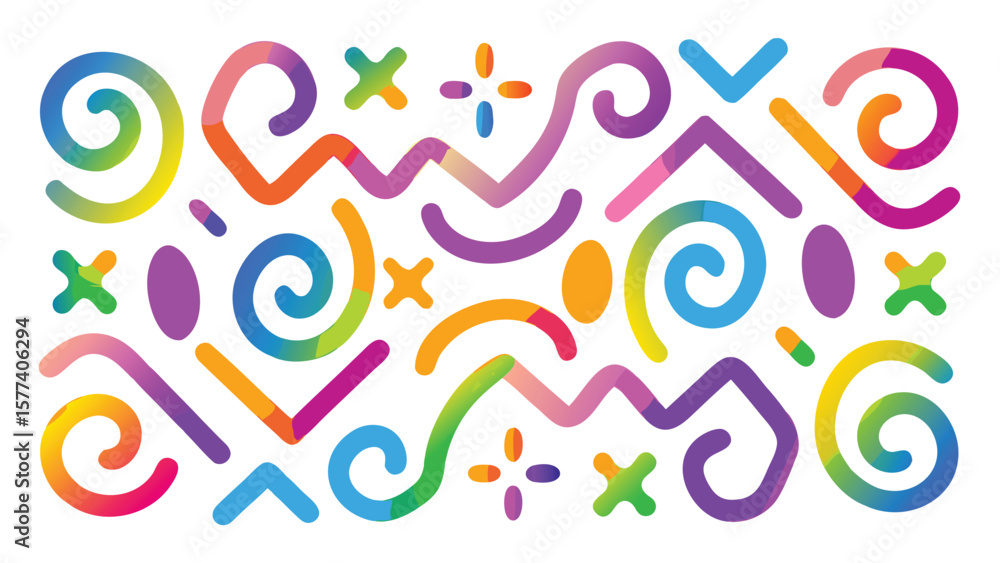 Poster colorful abstract shapes with swirls zigzags and crosses on a white background design element