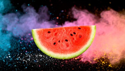 Watermelon slice amidst colorful powder