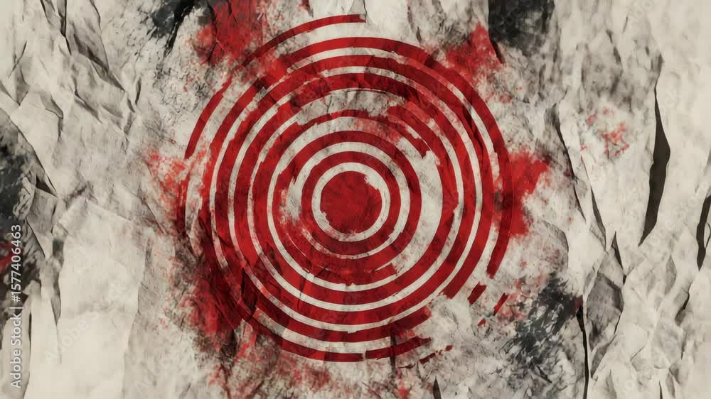 Aufkleber concentric red circles radiating across crumpled paper surface, visualizing seismic wave propagation