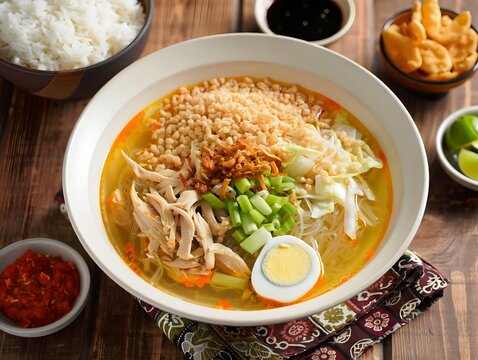Delicious Soto Lamongan. East Javanese Chicken Soup with Aromatic Broth.