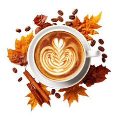 Pumpkin spiced latte or coffee in glass decorated knit up isolated on transparent background.