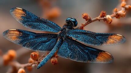 Stunning close-up of a blue dragonfly resting on a branch surrounded by soft orange buds in a serene environment