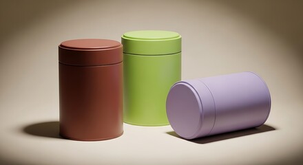 Three pastel colored cylindrical containers on neutral background showcasing container design