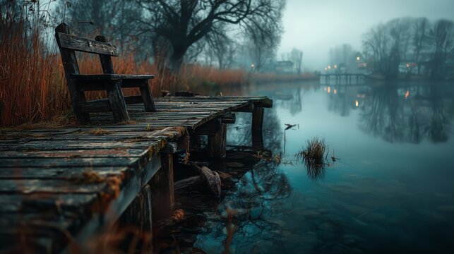 A weathered wooden dock extends into a calm body of water, surrounded by a misty, serene landscape. The tranquil setting and natural beauty evoke a sense of peace and solitude.