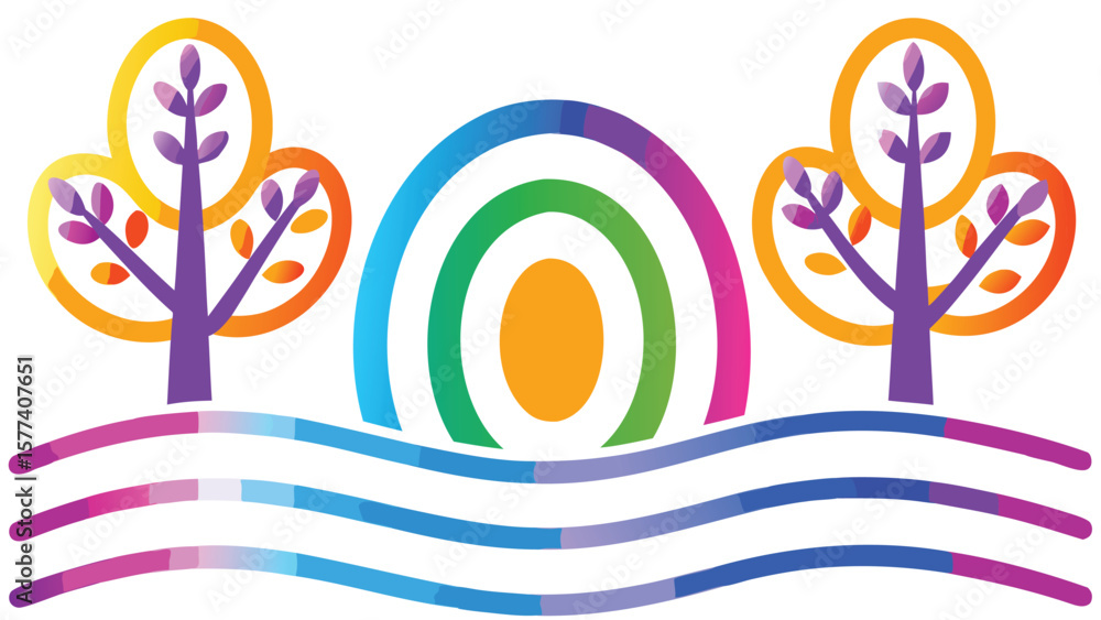 Poster colorful landscape with two trees and a rainbow like structure over wavy lines design