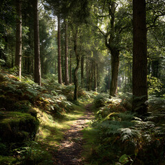 Fototapeta premium Tranquil Woodland Escape: A Sun-dappled Forest Path Through Lush Green Trees and Whispering Leaves