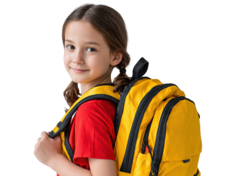 Backpack Joy: A youthful girl, with a vibrant backpack, embodies the spirit of youthful anticipation and scholastic eagerness. This image offers a glimpse into the everyday world of learning. - Powered by Adobe