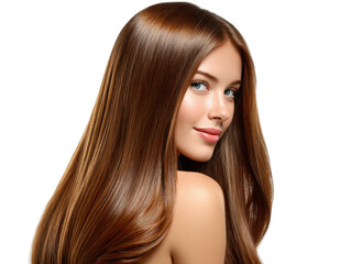 Naklejka premium Radiant Hair: A portrait of a young woman with long, lustrous hair. The image highlights the natural beauty, smoothness and shine of healthy hair. Capturing elegance and confidence.