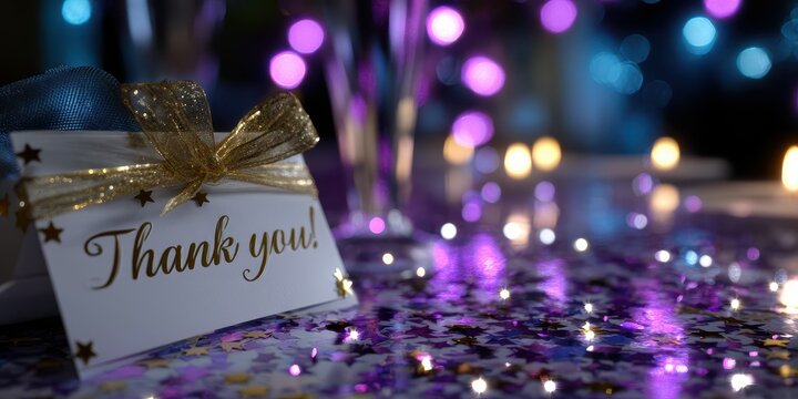 Celebration invitation with thank you card surrounded by colorful lights and confetti at a festive gathering