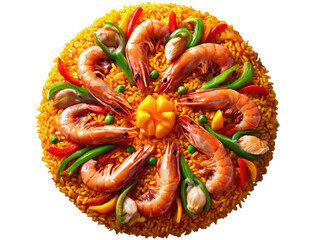 Paella Feast: A vibrant, top-down shot of a meticulously prepared paella dish, bursting with flavor and visual appeal, showcasing an array of fresh ingredients.