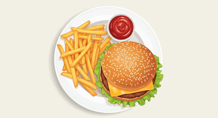 Classic Hamburger and French Fries Meal: An Overhead Vector Illustration of a Sesame Seed Bun Burger, Golden Fries, and Ketchup on a White Plate
