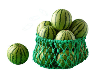 Summer's Sweetness: A vibrant image showcasing a collection of ripe watermelons, nestled within a green mesh bag. The refreshing scene is captured, with a focus on the natural beauty of the fruit.