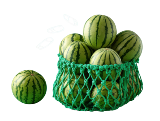 Summer's Sweetness: A vibrant image showcasing a collection of ripe watermelons, nestled within a green mesh bag. The refreshing scene is captured, with a focus on the natural beauty of the fruit.