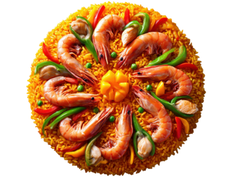 Paella Feast: A vibrant, top-down shot of a meticulously prepared paella dish, bursting with flavor and visual appeal, showcasing an array of fresh ingredients.