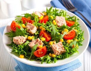 Tuna salad with corn and tomato on a bed of greens