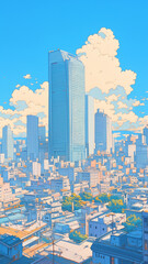 青空と大きな雲、夏の陽光に照らされた都会の風景、ビルと自然が共存する理想的な都市風景イラスト、レトロモダンな世界観を表現したデザイン素材