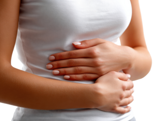 Health Concerns: A person clutches their abdomen, conveying a sense of discomfort and concern. The image encapsulates the complexities of healthcare.