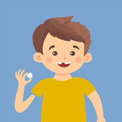 Toothless boy smiling and showing milk tooth and permanent teeth in eruption. Kids broken teeth vector