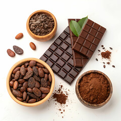 Assorted healthy cocoa-based products including beans, powder, and chocolate, isolated on white.