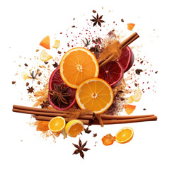 splashes of mulled wine and falling cinnamon dried orange isolated on transparent background.