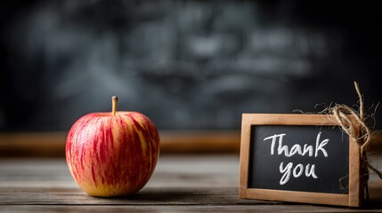 A red apple and a small chalkboard with the words thank you on a wooden surface against a dark background