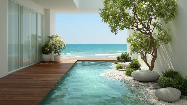 Luxurious modern villa patio with a refreshing pool overlooking the tranquil blue ocean on a sunny day