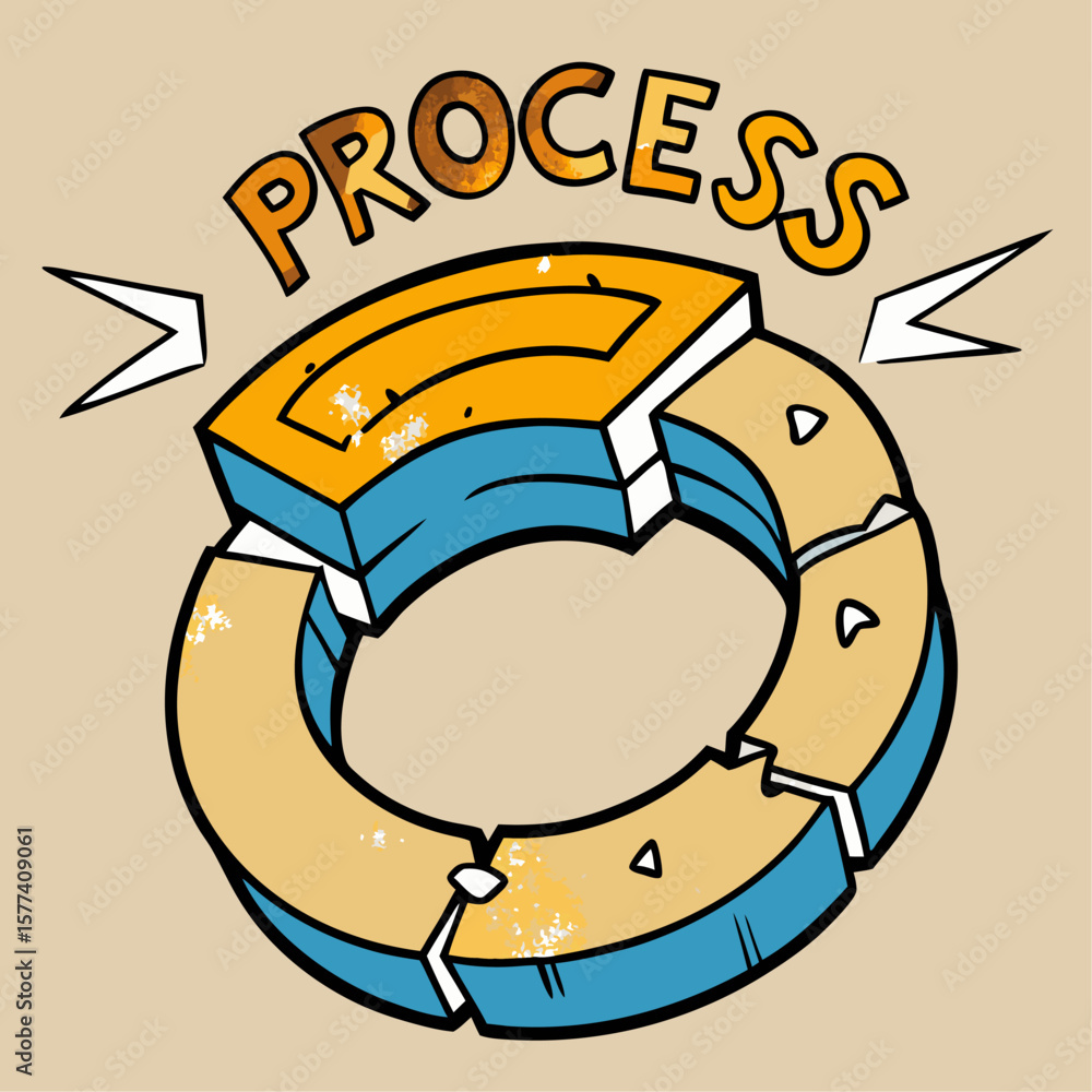 Poster abstract circular design with the word process displayed beneath the broken ring