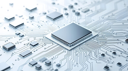 Close up view of minimalist section of glass motherboard with microchips and intricate circuit lines, showcasing modern technology