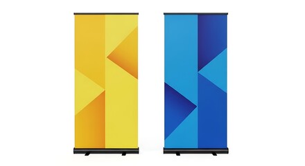 Two roll up banners with modern geometric designs in yellow and blue colors