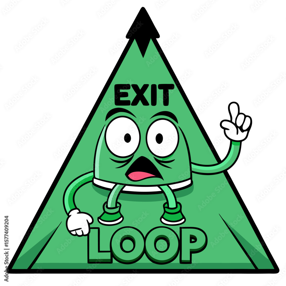 Poster green triangle shape with an arrow indicating exiting a loop on a white background