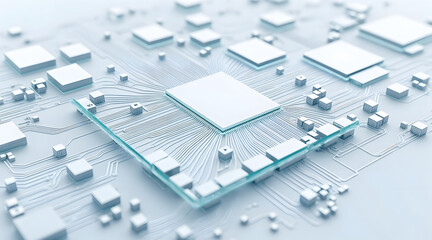 Minimalist section of glass motherboard with microchip and circuit lines in clean white design, evoking futuristic technology and precision