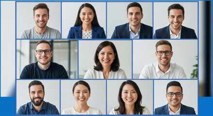 A grid of diverse professionals participating in a video conference call, smiling and looking at the camera