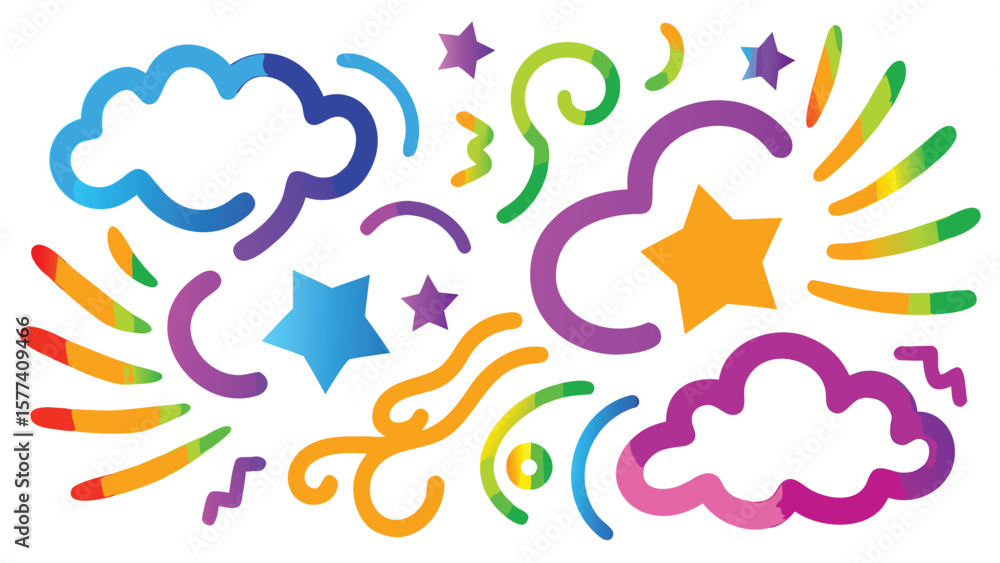 Poster colorful graphic elements with clouds stars swirls and lines on a white background design art