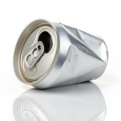Squashed metal beverage can, isolated on white background.