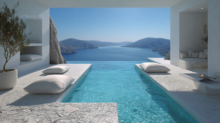 Luxurious white villa terrace with an inviting infinity pool overlooking a tranquil Mediterranean bay.