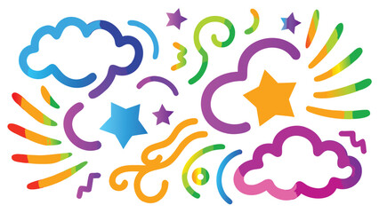 Obraz premium Colorful graphic elements with clouds stars swirls and lines on a white background design art