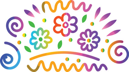 Colorful floral arrangement with swirls, leaves, and dots on a white background design element