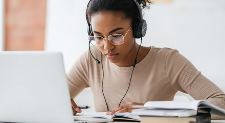 A focused young woman wearing headphones and glasses studies diligently with a laptop and books