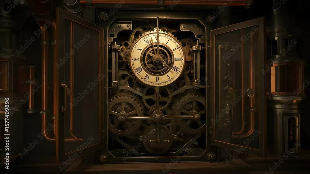 Poster intricate steampunk clock mechanism with exposed gears and vintage design in a dimly lit environment