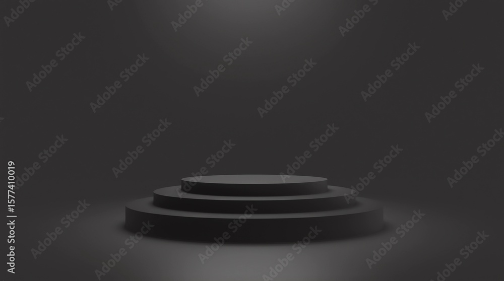 Poster black pedestal or podium display with fabric platform concept on dark background. blank shelf stand 