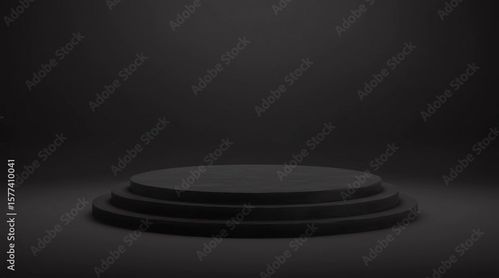 Poster black pedestal or podium display with fabric platform concept on dark background. blank shelf stand 