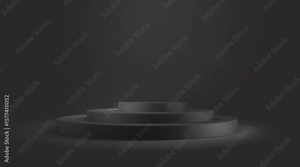 Poster black pedestal or podium display with fabric platform concept on dark background. blank shelf stand 