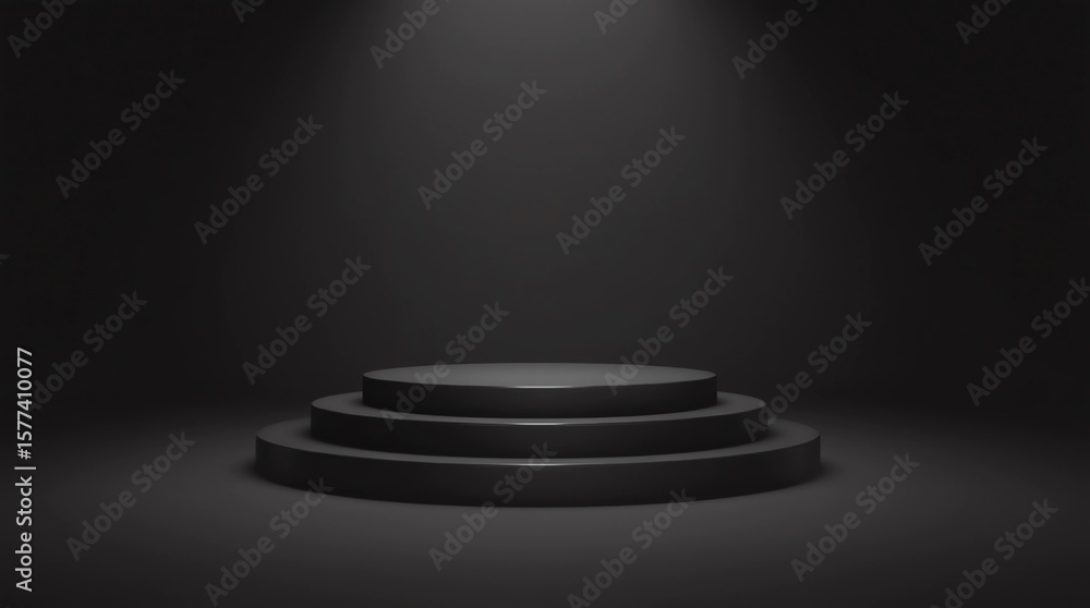Poster black pedestal or podium display with fabric platform concept on dark background. blank shelf stand 