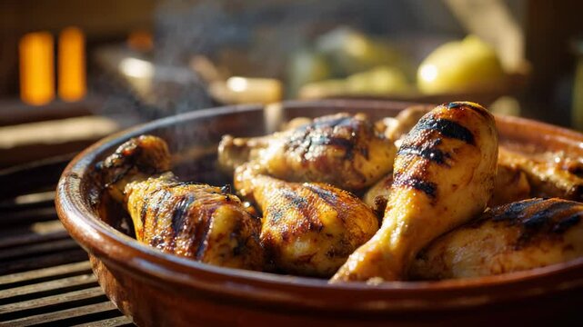 Grilled drumsticks in terracotta bowl