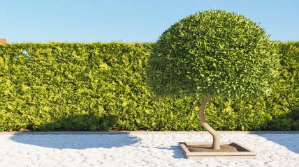 A well-maintained topiary tree with a perfectly round, dense green crown sits in a square concrete planter on a light gray gravel surface