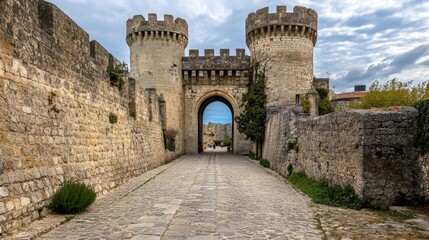 Obraz premium Historic Stone Fortress with Towers and Arched Entrance Under Cloudy Sky
