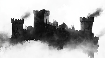 Mysterious Black and White Silhouette of a Medieval Castle
