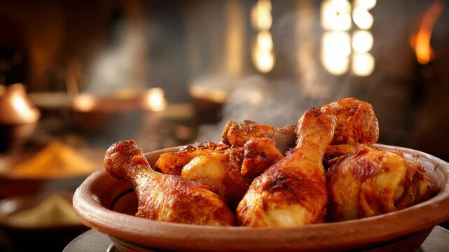 Steaming fried chicken in rustic terracotta bowl, blurred kitchen