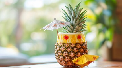 Tropical Pina Colada Served in a Pineapple with Umbrellas