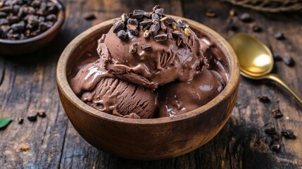 Vegan Cashew Chocolate Ice Cream in Rustic Wooden Bowl